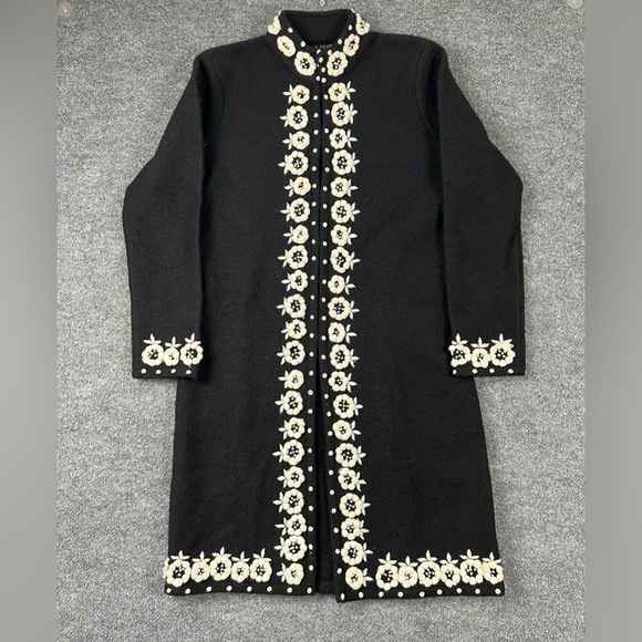 Silk Club Jackets & Blazers - Silk Club Coat Women's M Black  Long Floral Trim Detail‎ Vintage Grandmacore